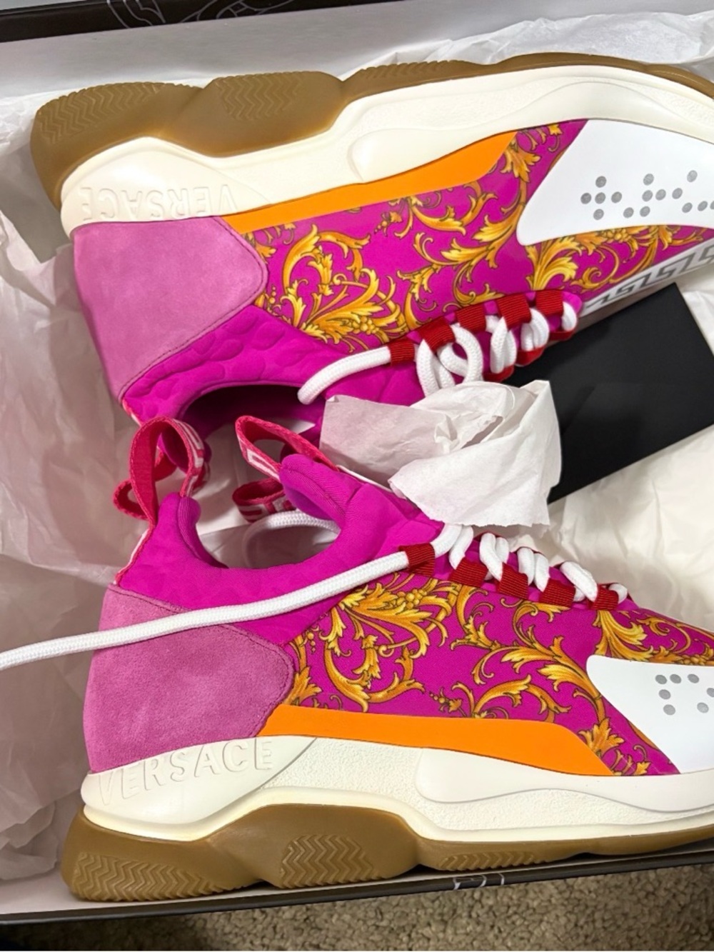 Versace Hot Pink & Gold Barocco Low-Top Sneakers with Orange Accents